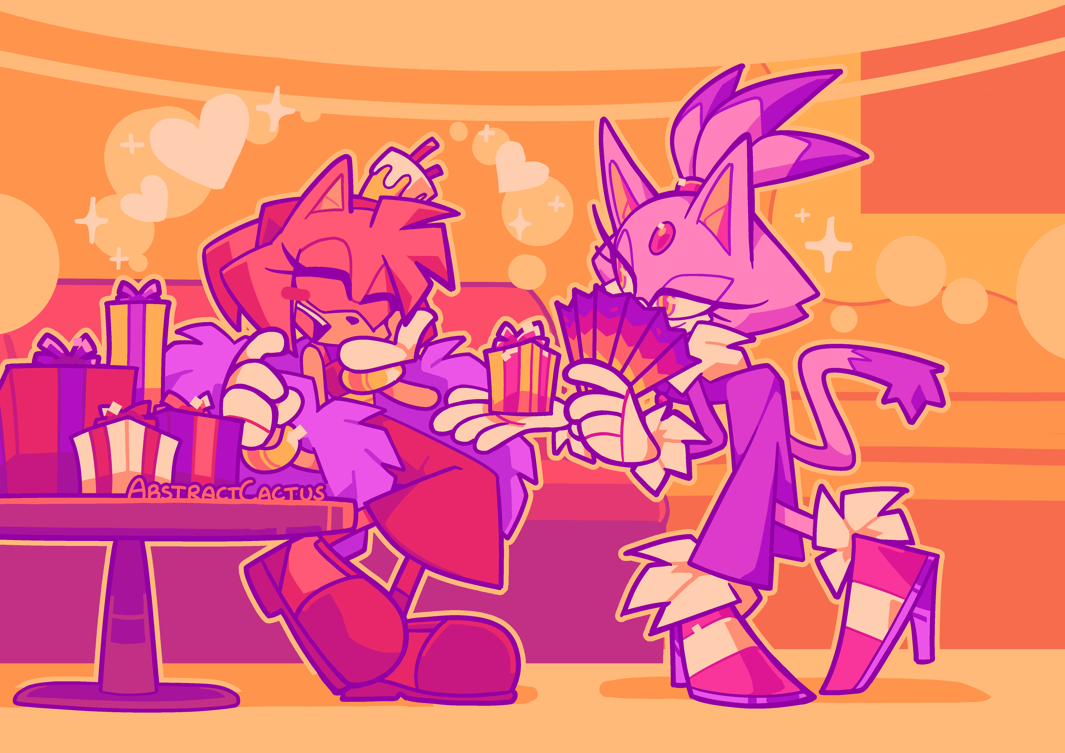 Blaze the Cat presenting Amy Rose with a birthday present, hiding a smile on her face behind her fan. Amy's smiling wide with one hand on her cheek.