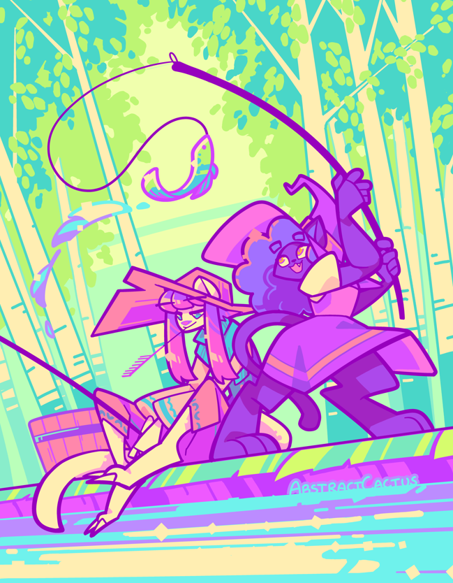 An anthropromorphic cat in witch attire happily using a fishing rod to pull up a fish into the air from a river. Next to them an anthropromorphic ferret is sitting down relaxed with their own fishing rod and looking at the water.