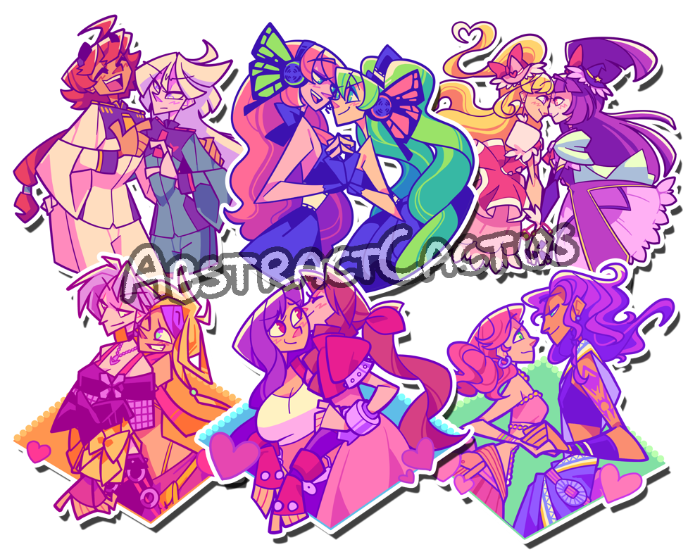 A collection of various lesbian stikers I've drawn. Suletta and Miorine, Hatsune Miku and Megurine Luka, Cure Miracle and Cure Magical, Rikku and Paine, Aerith and Tiffa and Fang and Vanille.