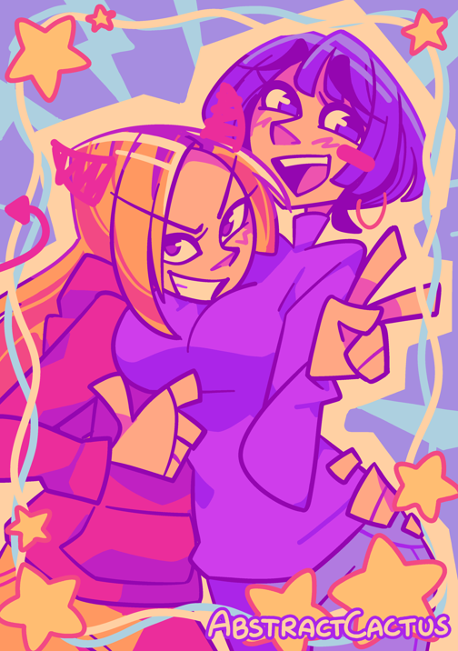 Miwa and Saeko from How Do We Relationship posing for a photo. Saeko is grinning and resting her head on Miwa's breasts and Miwa is blushing and making a peace sign. On top of the photo devil horns and a tail has been doodled over Saeko.
