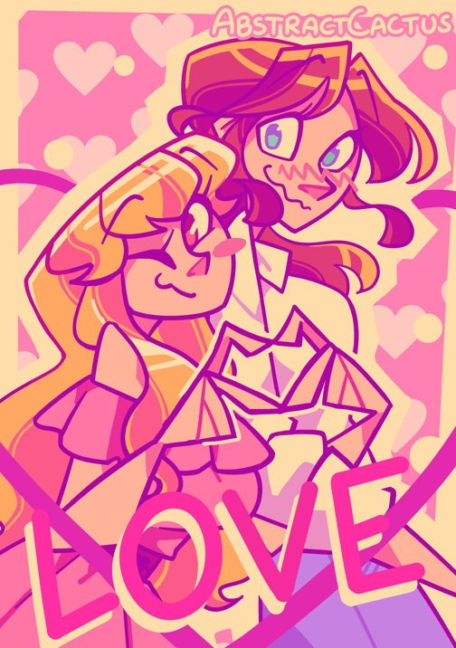 Ayaka and Hiroko from Ayaka is in love with Hiroko posing for a photo. Ayaka is making a heart sign with her hands, one arm interlinked with Hiroko's. Hiroko looks like she's been taken by surprise a bit and she's blushing heavily.