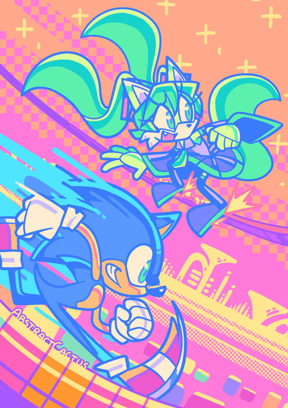 Sonic the Hedgehog running through a music-themed stage with a grin on his face, behind him is a happy Hatsune Miku the fox grinding on a rail to keep up.